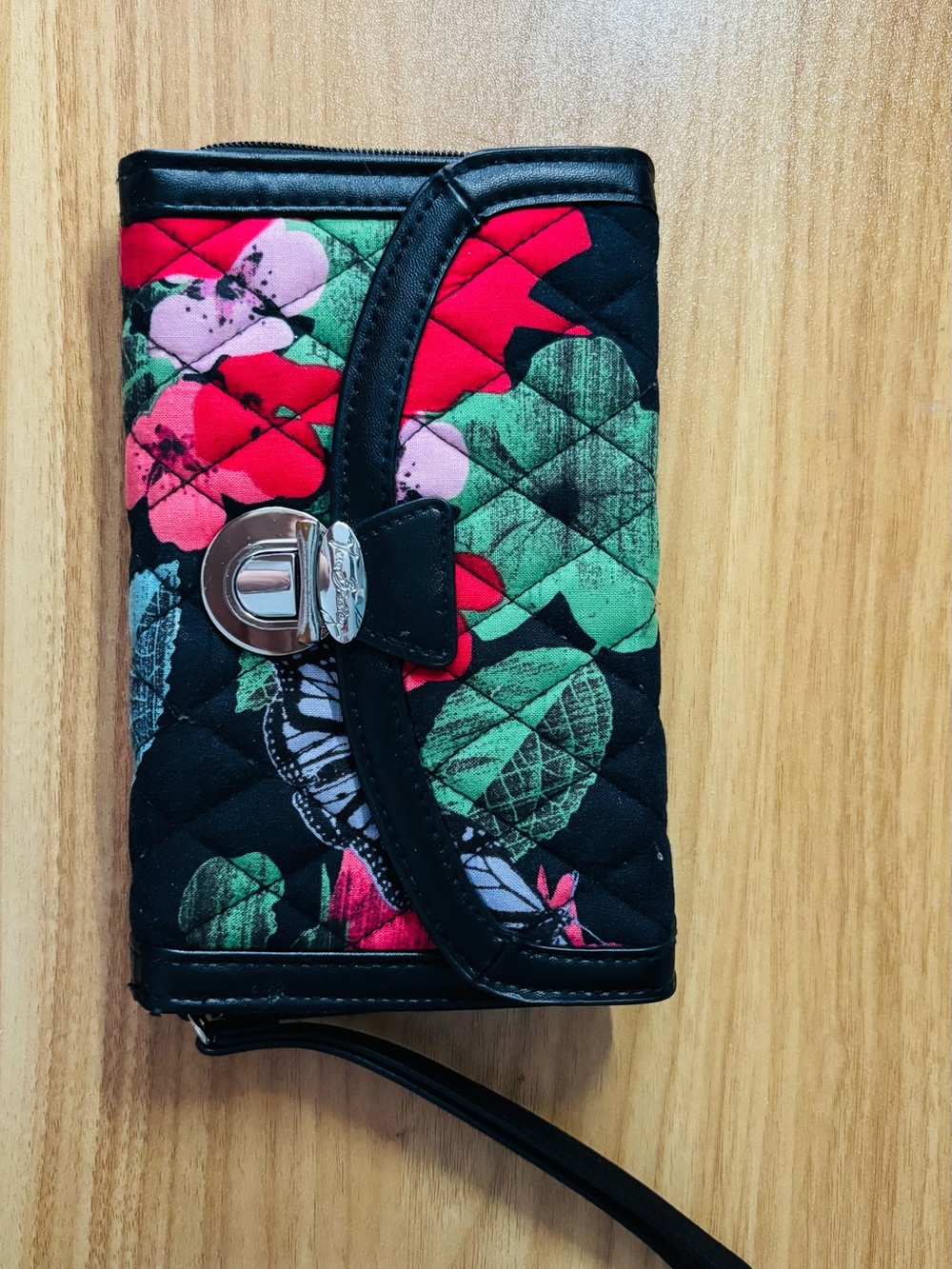 Vera Bradley Black Quilted Floral Wristlet Wallet with Red and Green Accents